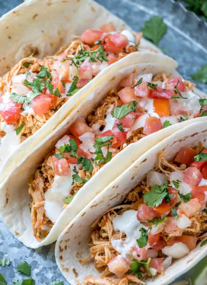 Shredded Chicken Tacos with Hatch Chile Cream Cheese, Corn, and Salsa