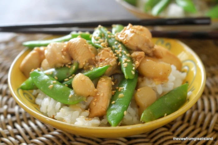 Chicken with Ginger, Peaches, and Snow Peas