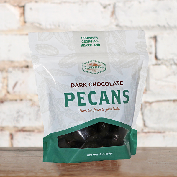 a bag of dark chocolate pecans from dickey farms