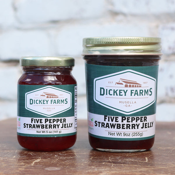 two jars of five pepper strawberry jelly from dickey farms