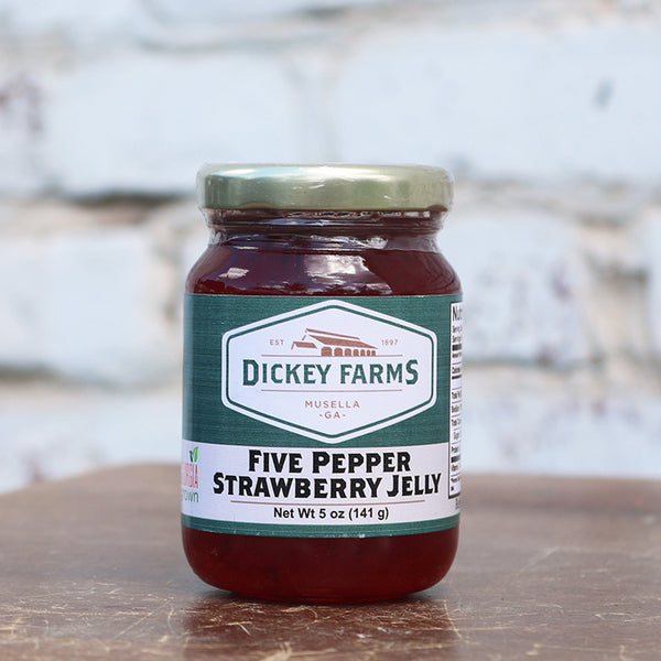a jar of five pepper strawberry jelly from dickey farms