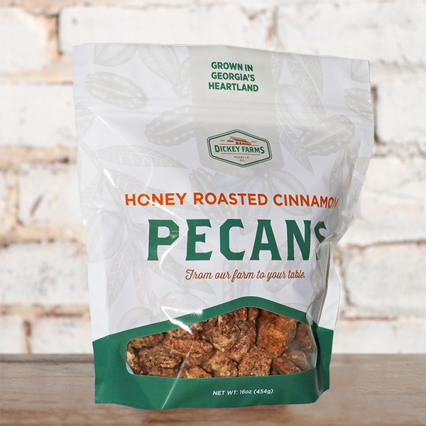 a bag of honey roasted cinnamon pecans from dickey farms