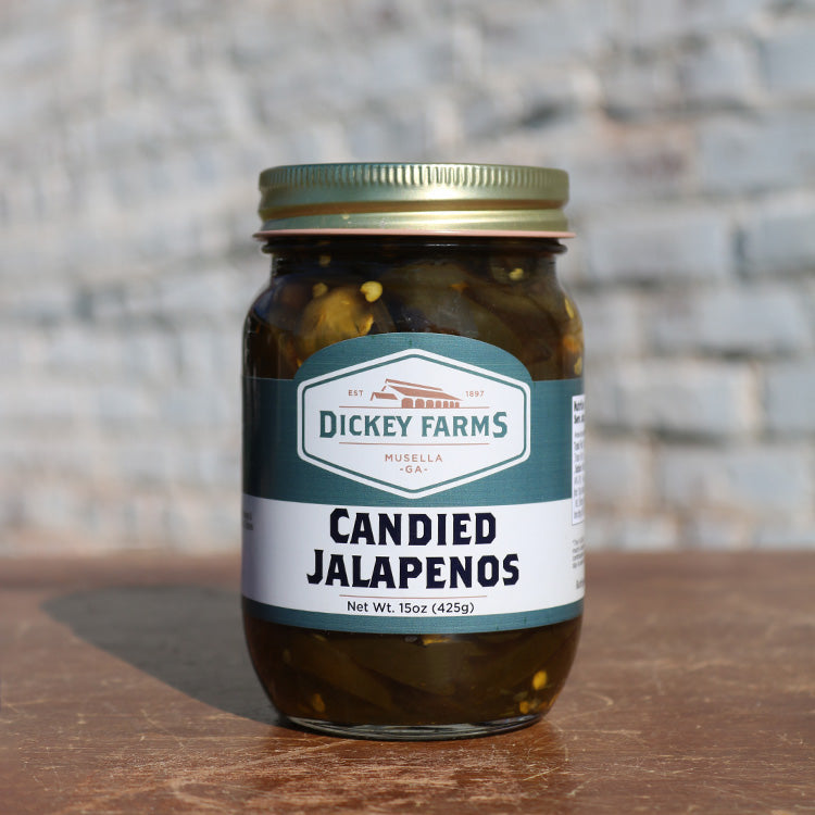 a jar of candied jalapenos from dickey farms