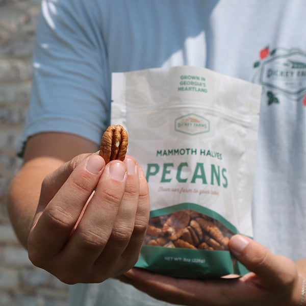 a person holding a bag of mammoth halves pecans