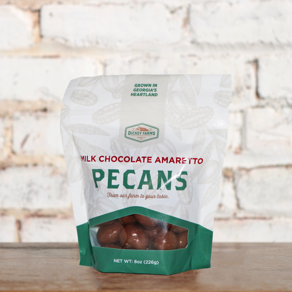 a bag of milk chocolate amaretto pecans from dickey farms