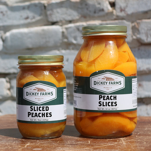 two jars of sliced peaches from dickey farms