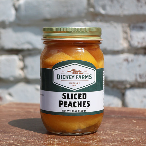 a jar of sliced peaches from dickey farms
