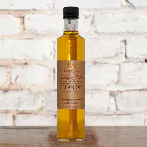 a bottle of pecan oil from oliver farm