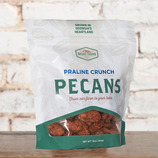 a bag of praline crunch pecans from dickey farms