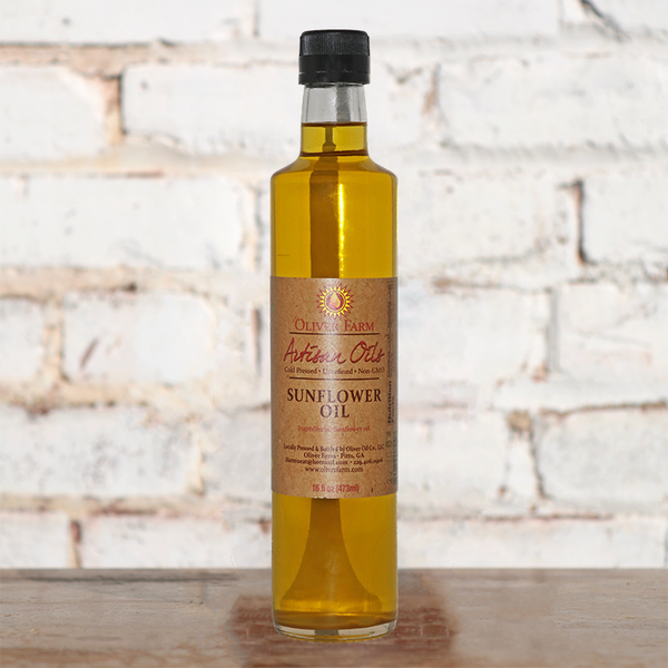 a bottle of sunflower oil from the olive farm