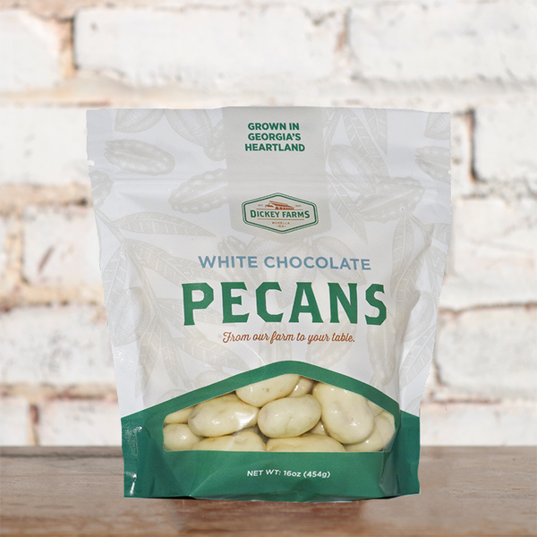 a bag of white chocolate pecans from dickey farms