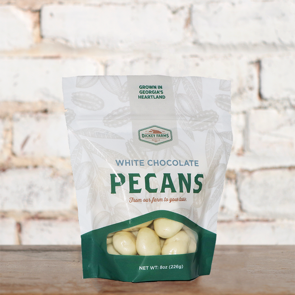 a bag of white chocolate pecans from dickey farms