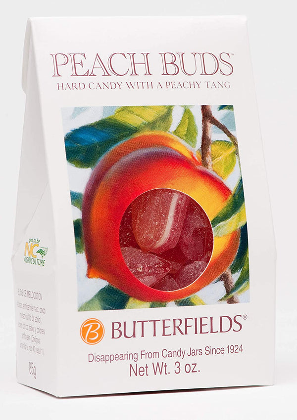 a box of butterfields peach buds hard candy with a peach tang